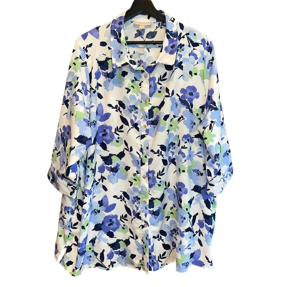 Woman Within‎ Floral Print Button Up Blouse & Tank Set 22/24 1X Blue Green White